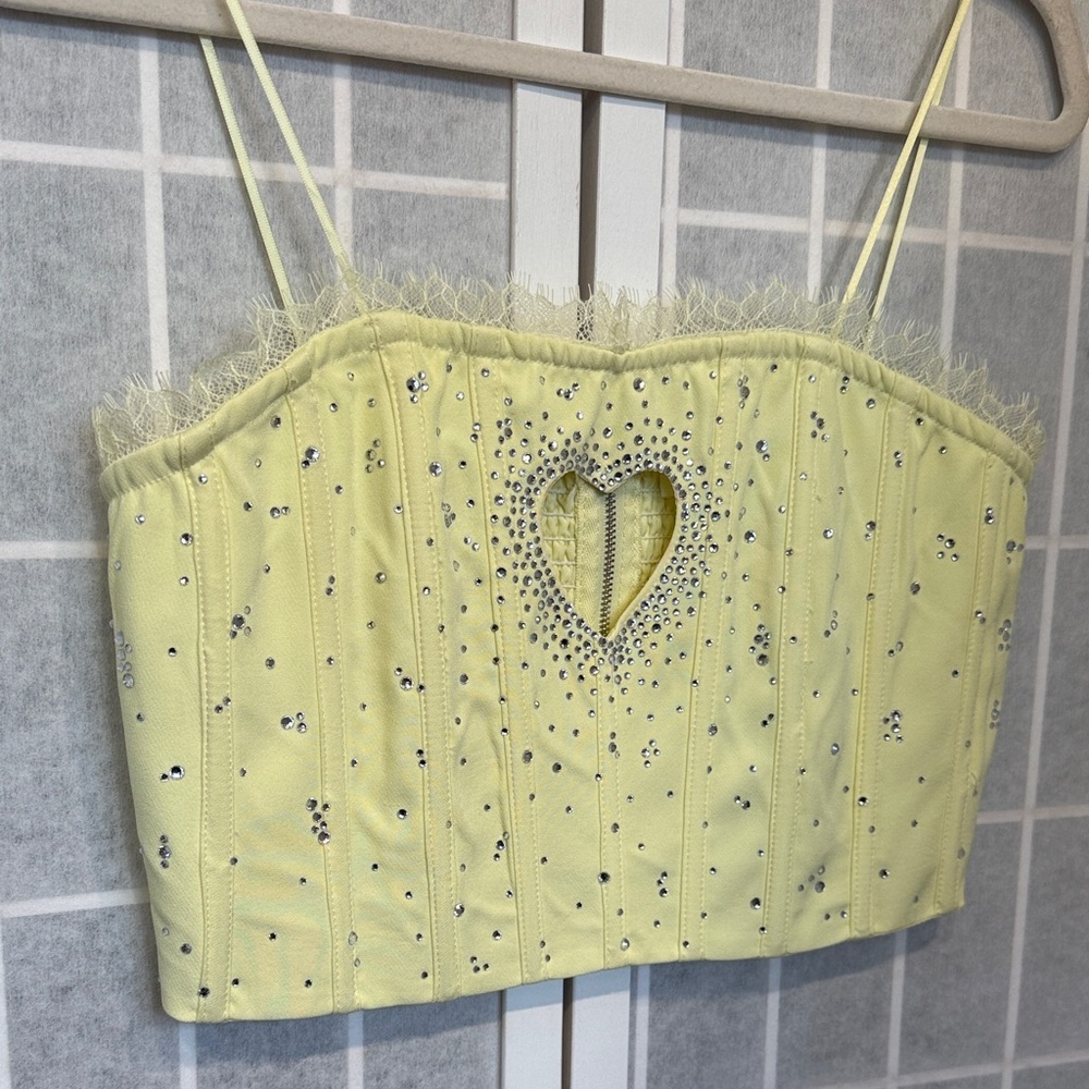 Endless Blu Yellow Rhinestone Heart Cropped Bustier Top Size L Y2k Top